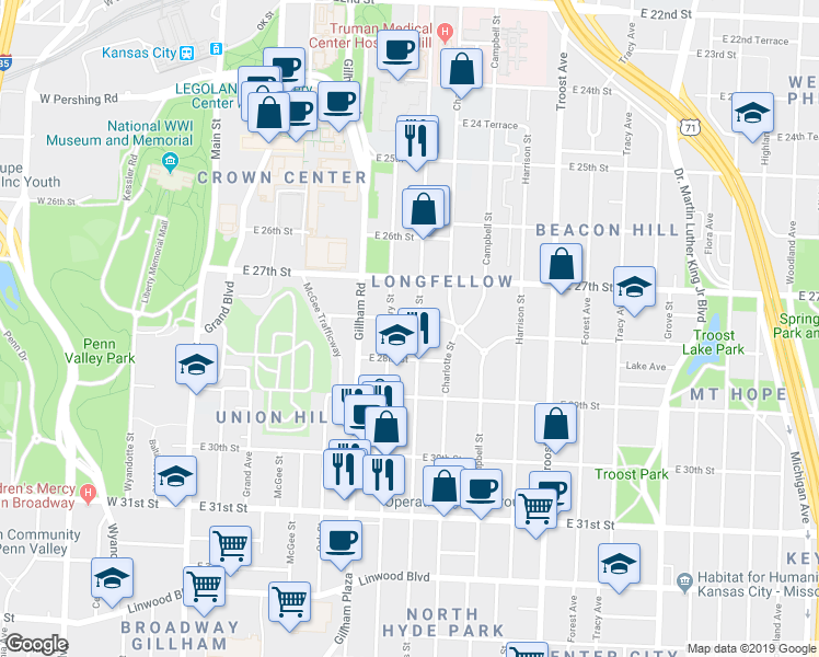 map of restaurants, bars, coffee shops, grocery stores, and more near 2736 Holmes Street in Kansas City