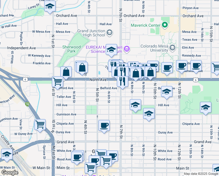 map of restaurants, bars, coffee shops, grocery stores, and more near 602 Belford Ave in Grand Junction