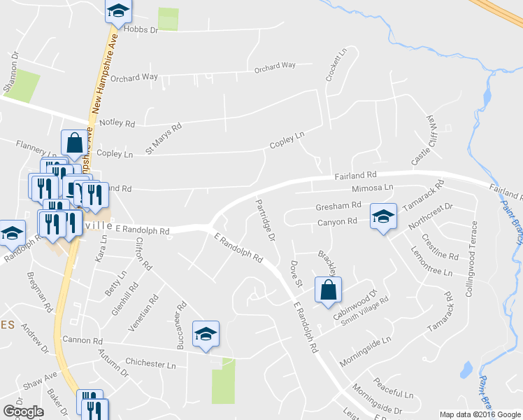 map of restaurants, bars, coffee shops, grocery stores, and more near Partridge Drive in Silver Spring