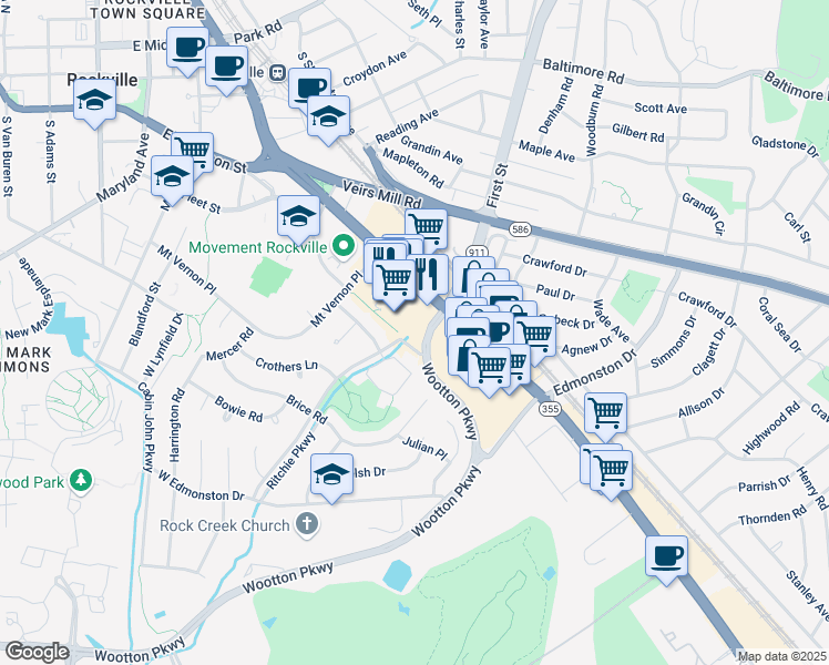 map of restaurants, bars, coffee shops, grocery stores, and more near 799 Fleet Street in Rockville