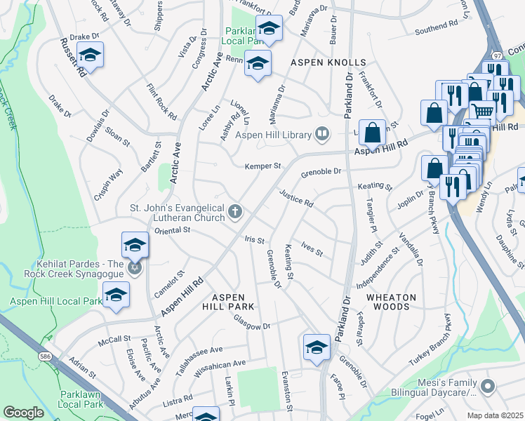 map of restaurants, bars, coffee shops, grocery stores, and more near 4618 Aspen Hill Road in Rockville