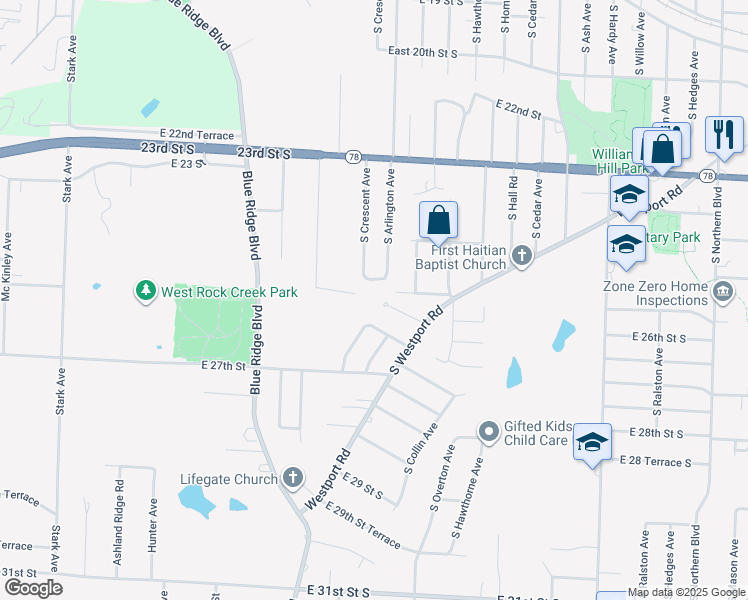 map of restaurants, bars, coffee shops, grocery stores, and more near 9601 East 25th Terrace South in Independence