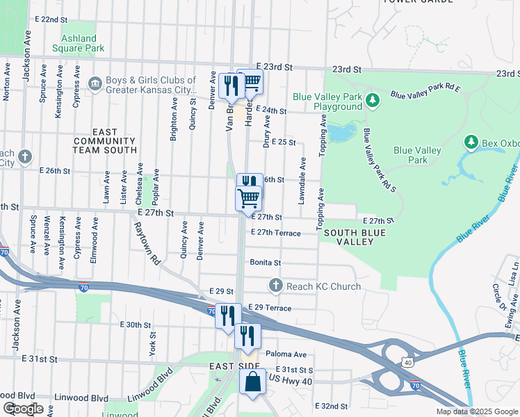 map of restaurants, bars, coffee shops, grocery stores, and more near 2642 Drury Avenue in Kansas City
