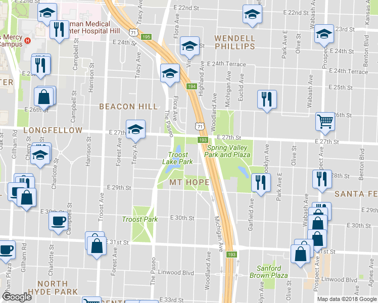 map of restaurants, bars, coffee shops, grocery stores, and more near 2729 Vine Street in Kansas City