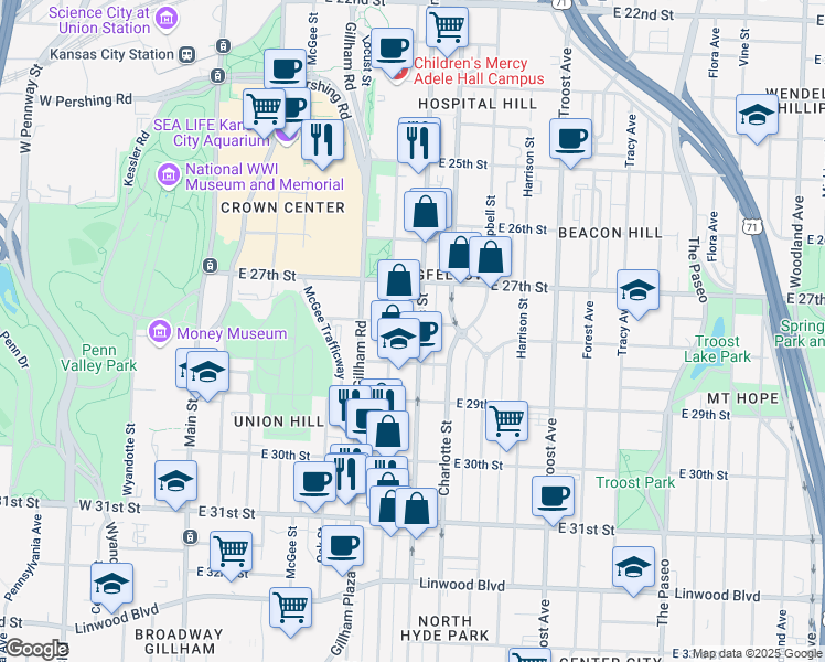 map of restaurants, bars, coffee shops, grocery stores, and more near 2736 Holmes Street in Kansas City