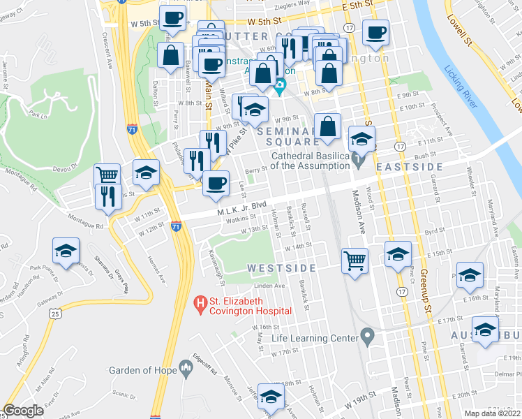 map of restaurants, bars, coffee shops, grocery stores, and more near 321 West Martin Luther King Jr. Boulevard in Covington