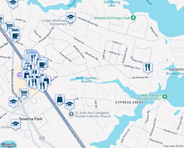 map of restaurants, bars, coffee shops, grocery stores, and more near 610 Whittier Parkway in Severna Park