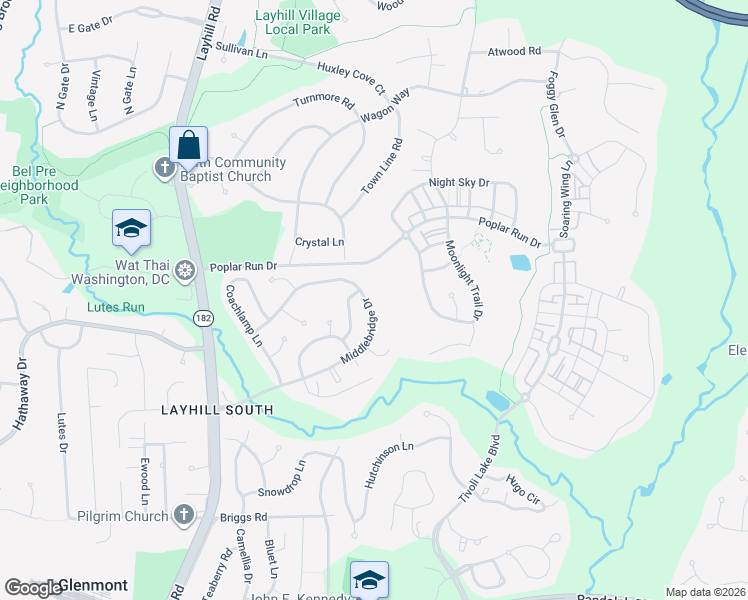 map of restaurants, bars, coffee shops, grocery stores, and more near 1908 Middlebridge Drive in Silver Spring