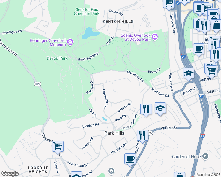 map of restaurants, bars, coffee shops, grocery stores, and more near 1165 Morgan Ct in Park Hills