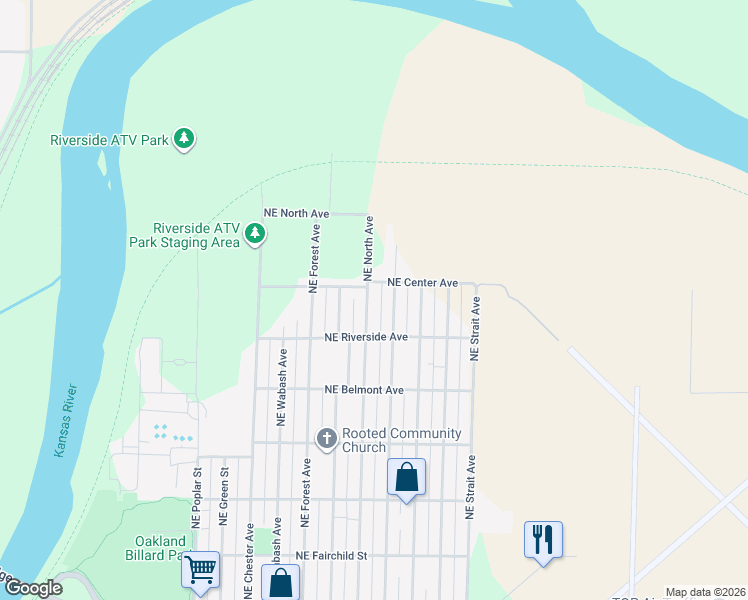 map of restaurants, bars, coffee shops, grocery stores, and more near 1330 Northeast Oakland Avenue in Topeka