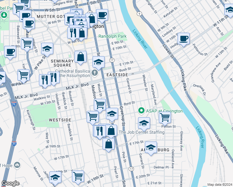 map of restaurants, bars, coffee shops, grocery stores, and more near 1315 Greenup Street in Covington