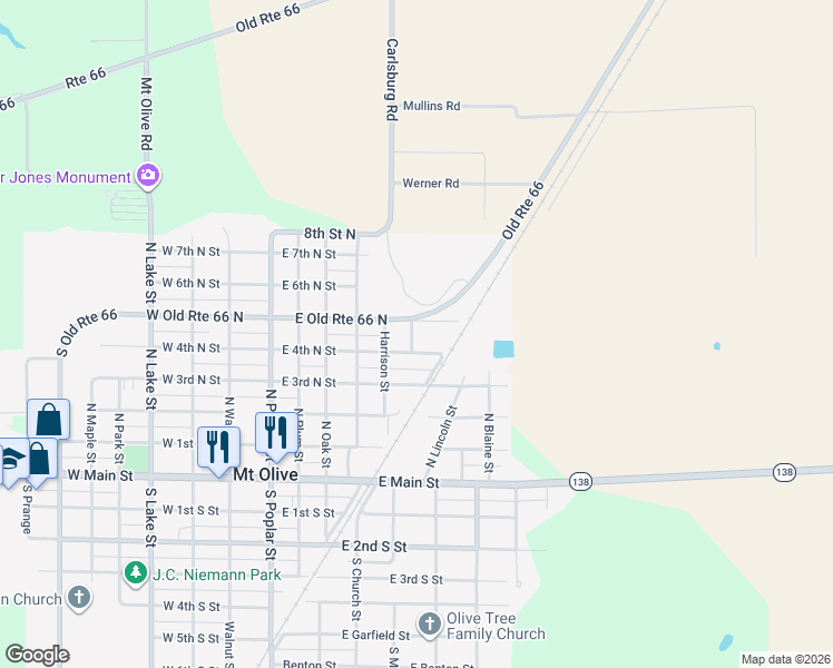 map of restaurants, bars, coffee shops, grocery stores, and more near 600 East Old Route 66 North in Mount Olive