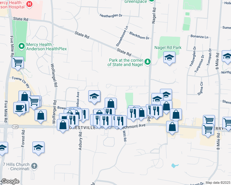 map of restaurants, bars, coffee shops, grocery stores, and more near 1380 Pebble Court in Cincinnati