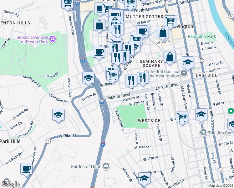 map of restaurants, bars, coffee shops, grocery stores, and more near 512 Martin Luther King Jr. Boulevard in Covington