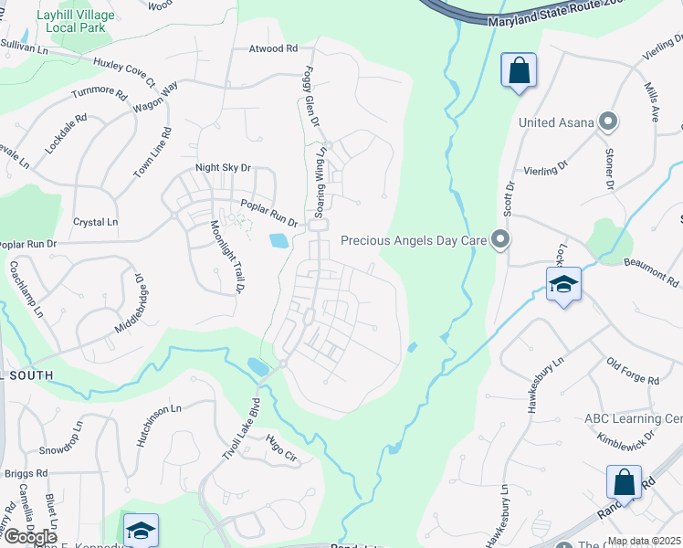 map of restaurants, bars, coffee shops, grocery stores, and more near 13420 Deer Highlands Way in Silver Spring