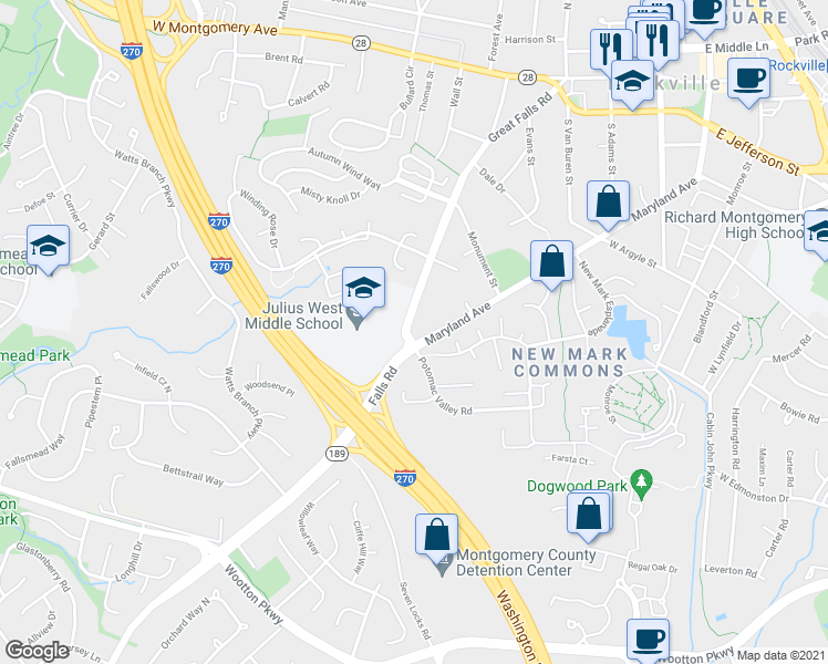 map of restaurants, bars, coffee shops, grocery stores, and more near 628 Great Falls Road in Rockville