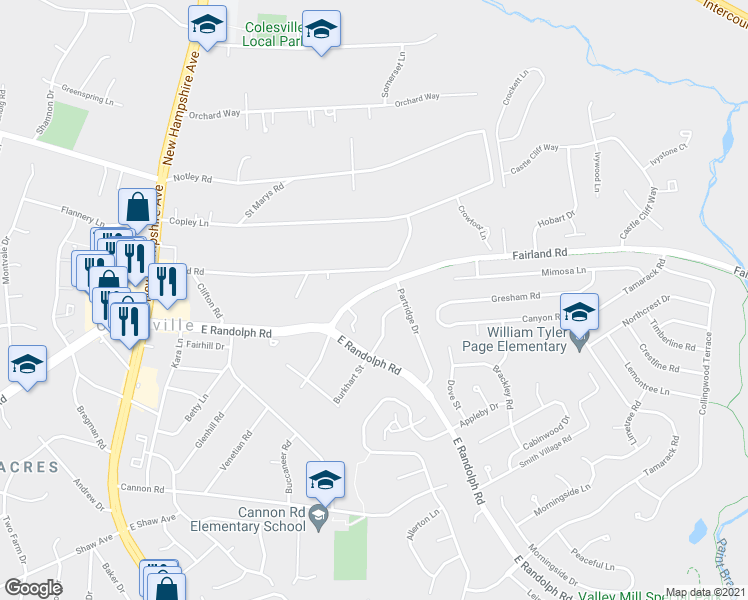 map of restaurants, bars, coffee shops, grocery stores, and more near 909 Fairland Road in Silver Spring