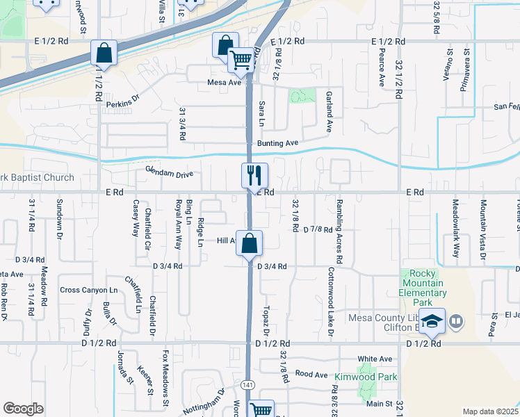 map of restaurants, bars, coffee shops, grocery stores, and more near 494 32 Road in Clifton