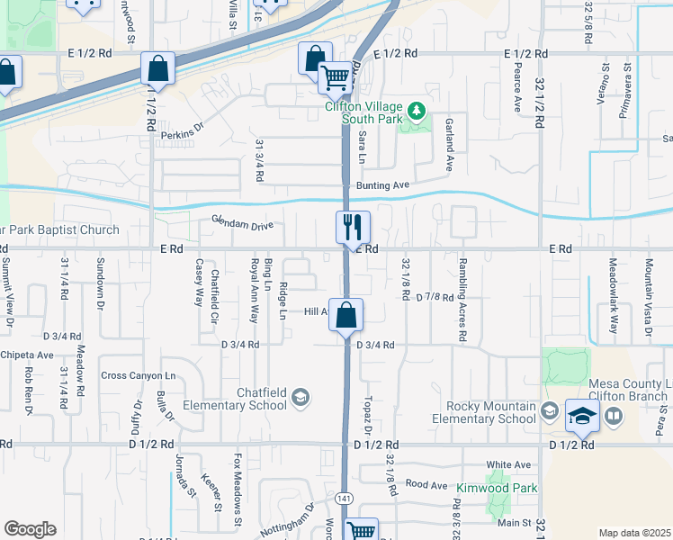 map of restaurants, bars, coffee shops, grocery stores, and more near 492 1/2 Mountain Drive in Grand Junction