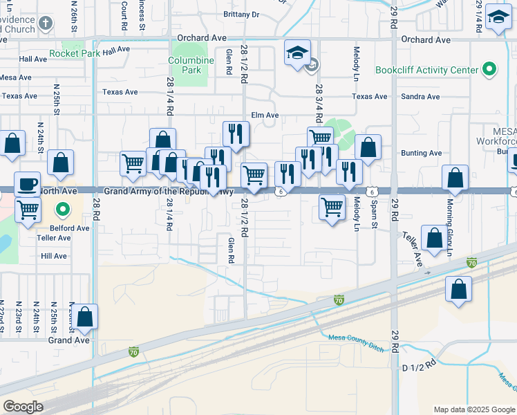 map of restaurants, bars, coffee shops, grocery stores, and more near 2854 Belford Avenue in Grand Junction