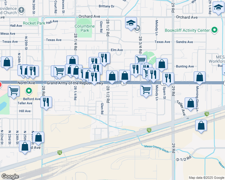 map of restaurants, bars, coffee shops, grocery stores, and more near 2854 Belford Avenue in Grand Junction