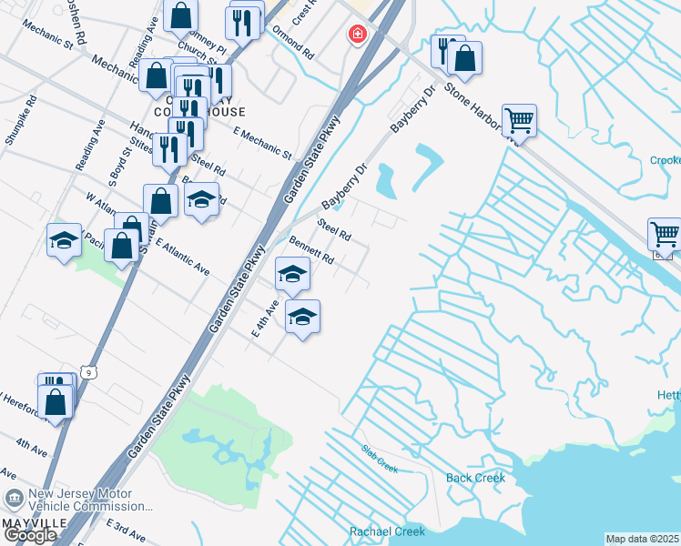 map of restaurants, bars, coffee shops, grocery stores, and more near 801 Bennett Road in Cape May County