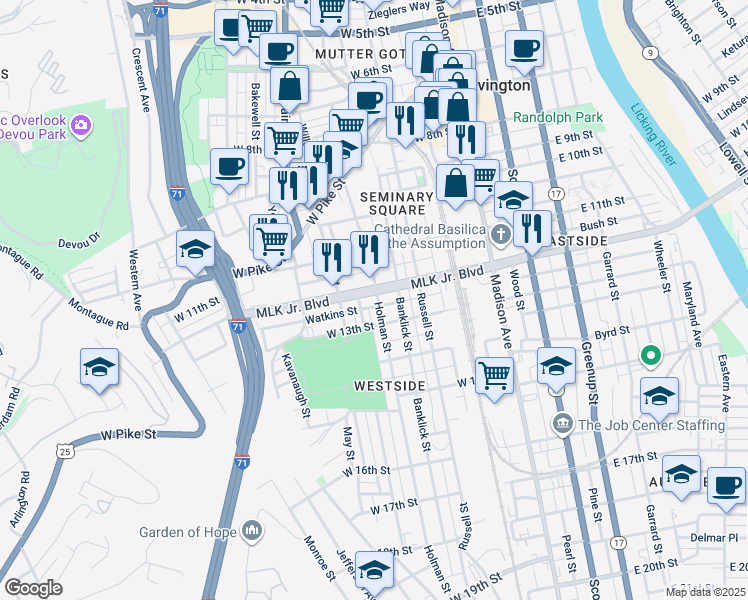 map of restaurants, bars, coffee shops, grocery stores, and more near 1213 Banklick Street in Covington