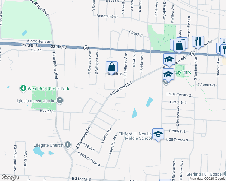 map of restaurants, bars, coffee shops, grocery stores, and more near 9712 Westport Road in Independence