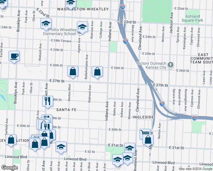 map of restaurants, bars, coffee shops, grocery stores, and more near 2706 Indiana Avenue in Kansas City