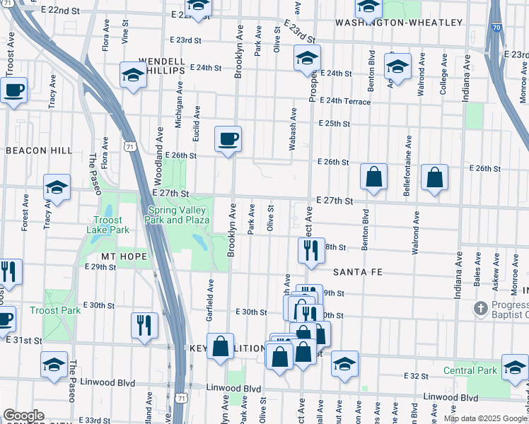 map of restaurants, bars, coffee shops, grocery stores, and more near 2719 Park Avenue in Kansas City