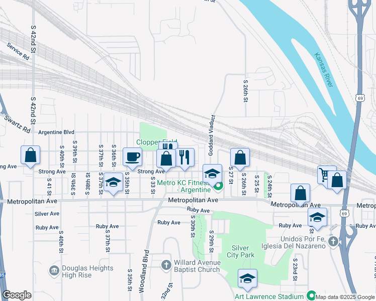 map of restaurants, bars, coffee shops, grocery stores, and more near 3030 Powell Avenue in Kansas City
