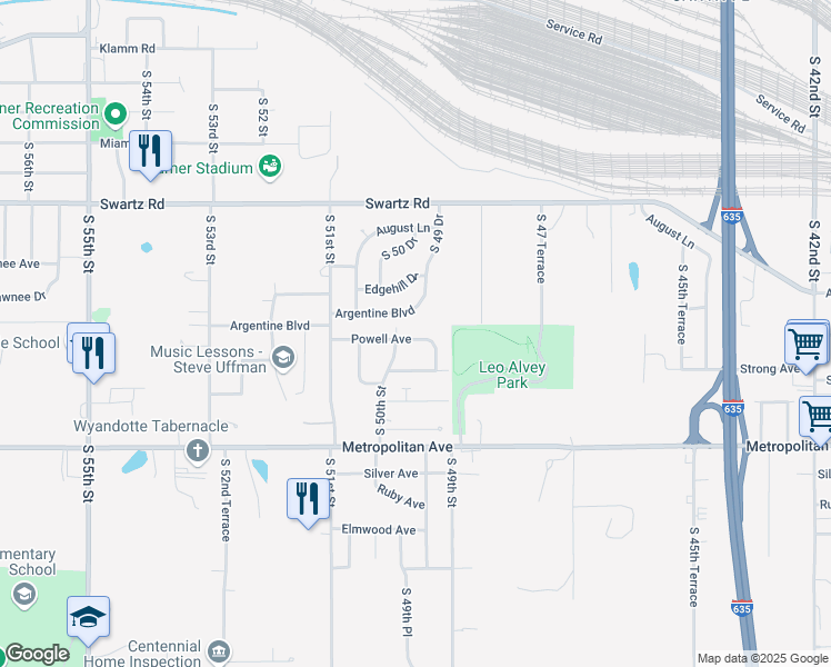 map of restaurants, bars, coffee shops, grocery stores, and more near 4920 Powell Avenue in Kansas City