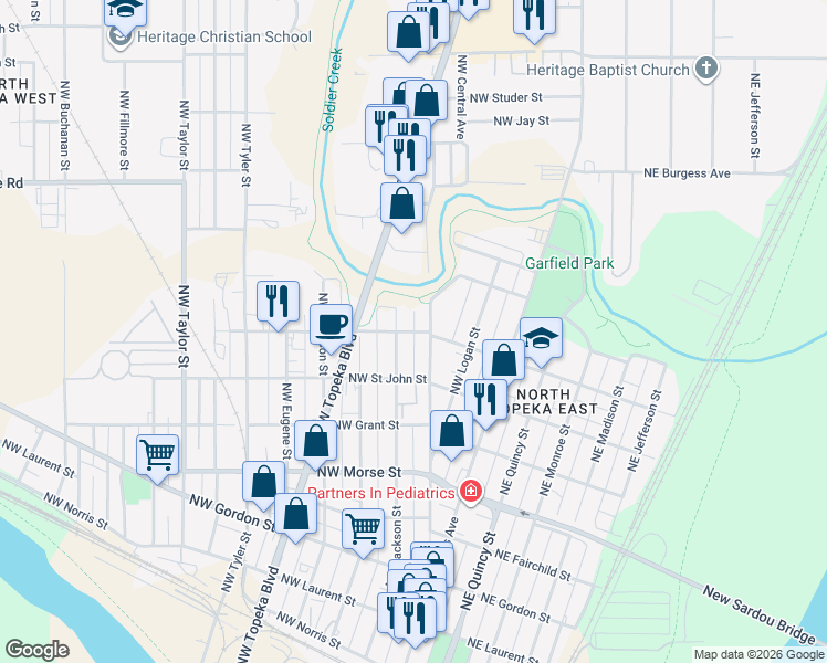 map of restaurants, bars, coffee shops, grocery stores, and more near 265 Northwest Paramore Street in Topeka