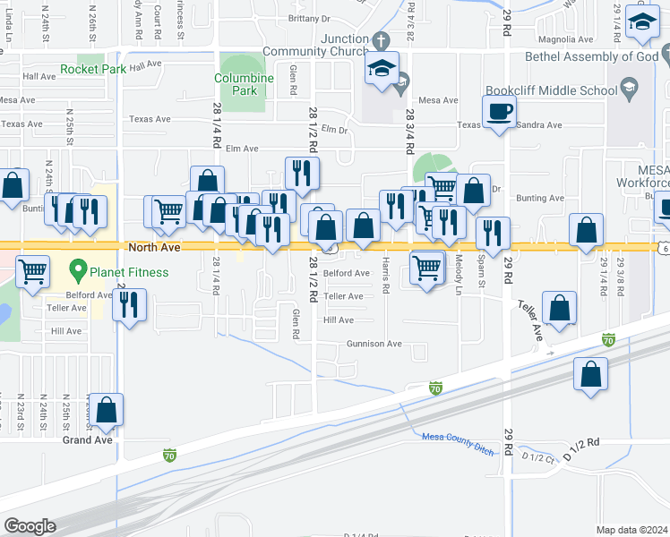 map of restaurants, bars, coffee shops, grocery stores, and more near 2854 Belford Avenue in Grand Junction