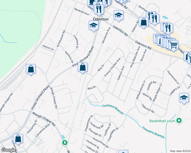 map of restaurants, bars, coffee shops, grocery stores, and more near 527 Rita Drive in Odenton