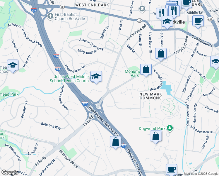 map of restaurants, bars, coffee shops, grocery stores, and more near 628 Great Falls Road in Rockville
