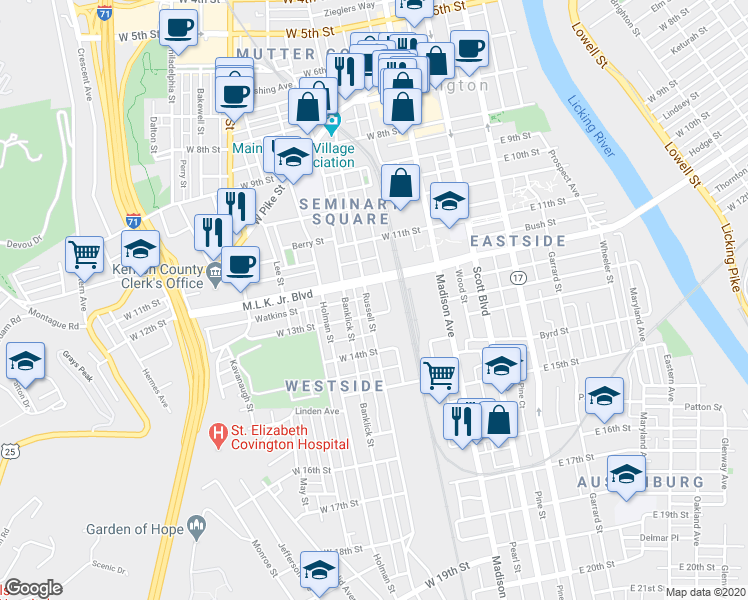 map of restaurants, bars, coffee shops, grocery stores, and more near 1220 Russell Street in Covington