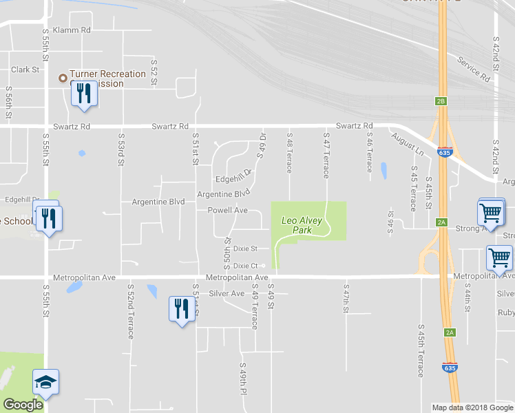 map of restaurants, bars, coffee shops, grocery stores, and more near 4920 Powell Avenue in Kansas City