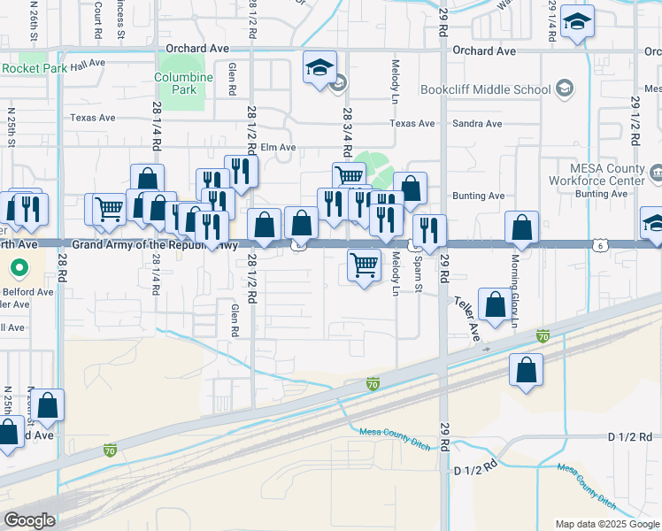 map of restaurants, bars, coffee shops, grocery stores, and more near 494 Harris Road in Grand Junction