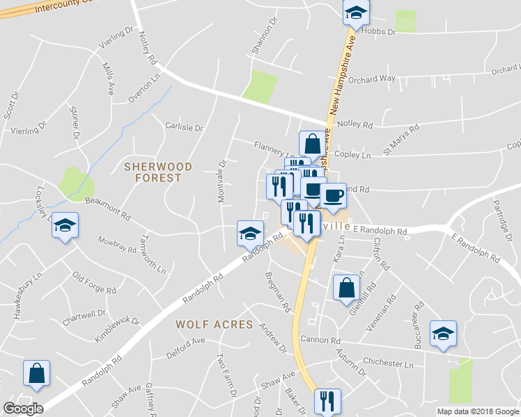 map of restaurants, bars, coffee shops, grocery stores, and more near 21 Dawn View Court in Silver Spring