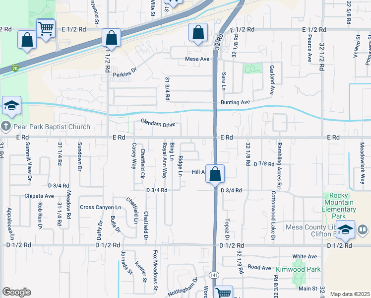 map of restaurants, bars, coffee shops, grocery stores, and more near 3184 Brook View Way in Grand Junction