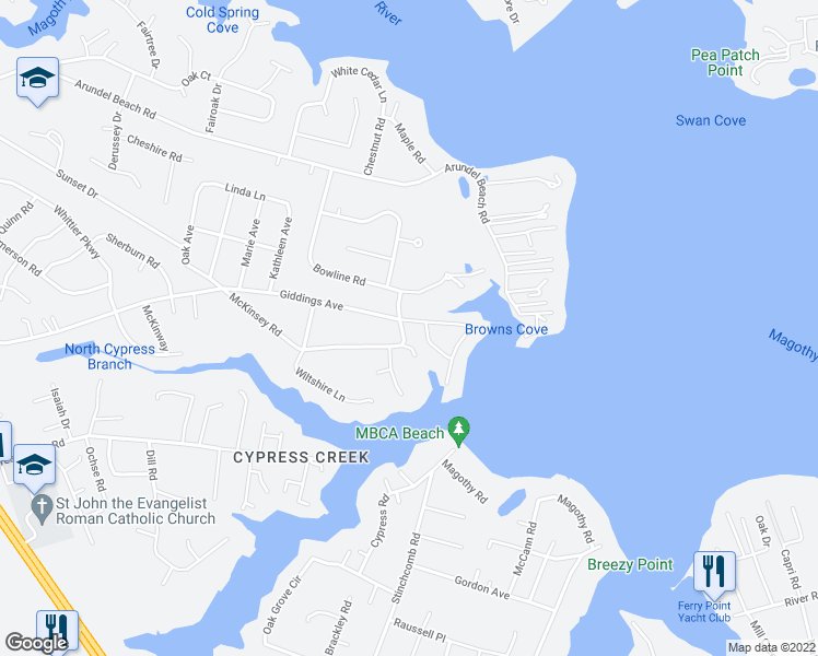 map of restaurants, bars, coffee shops, grocery stores, and more near 102 Chestnut Road in Severna Park