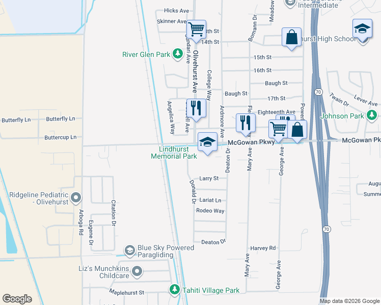 map of restaurants, bars, coffee shops, grocery stores, and more near 4227 Donald Drive in Olivehurst