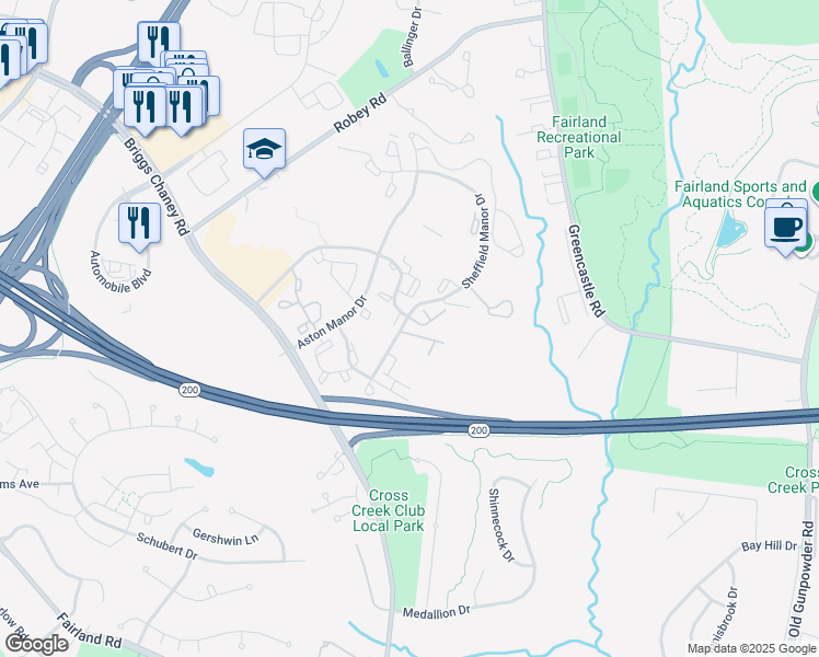 map of restaurants, bars, coffee shops, grocery stores, and more near 3400 Snow Cloud Lane in Silver Spring