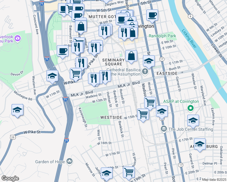 map of restaurants, bars, coffee shops, grocery stores, and more near 1213 Banklick Street in Covington
