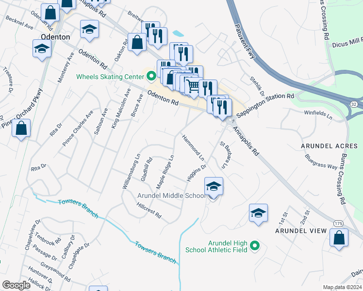map of restaurants, bars, coffee shops, grocery stores, and more near 503 Maple Ridge Lane in Odenton