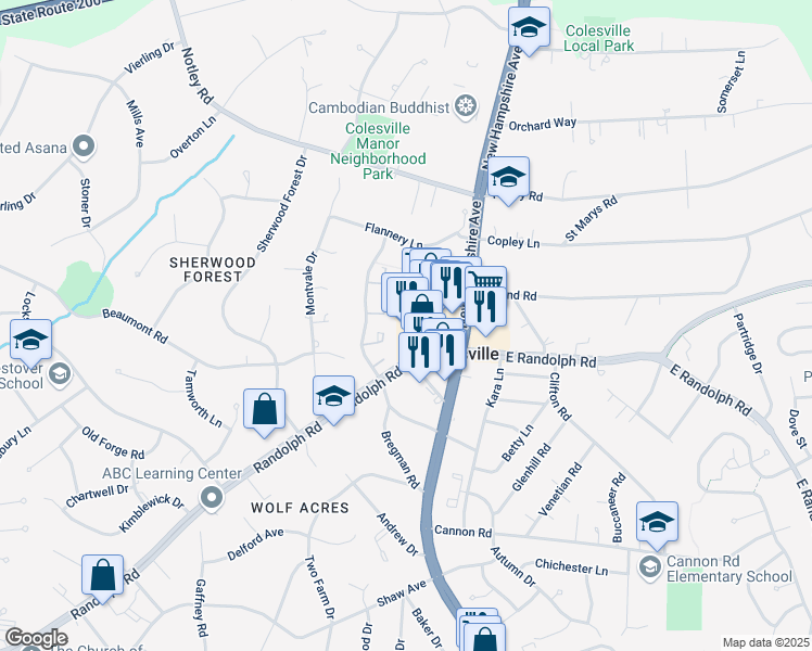 map of restaurants, bars, coffee shops, grocery stores, and more near 37 Randolph Road in Colesville