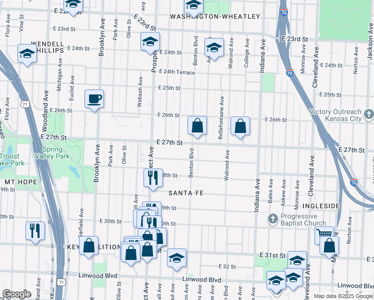 map of restaurants, bars, coffee shops, grocery stores, and more near 2708 Benton Boulevard in Kansas City