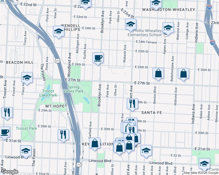 map of restaurants, bars, coffee shops, grocery stores, and more near 2719 Park Avenue in Kansas City