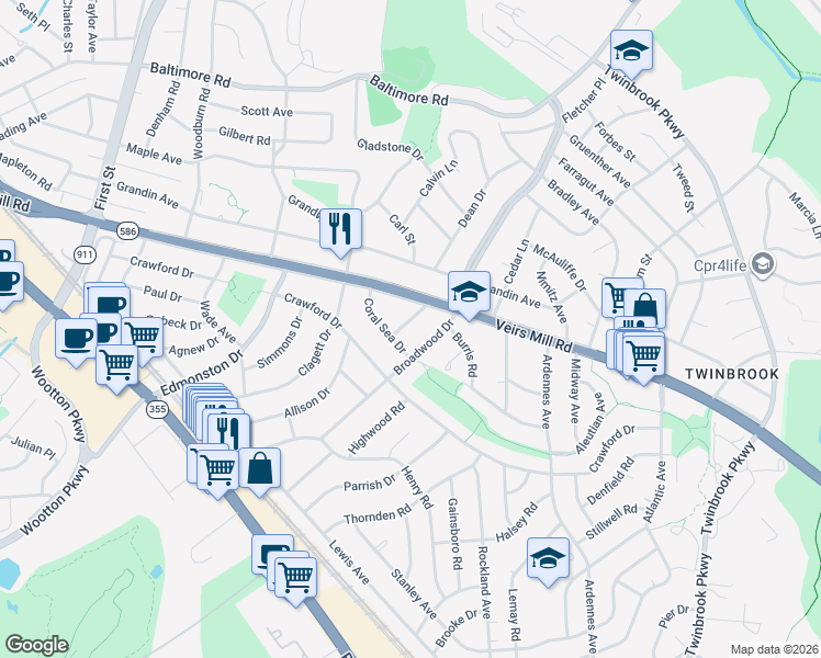 map of restaurants, bars, coffee shops, grocery stores, and more near 1311 Abbott Road in Rockville